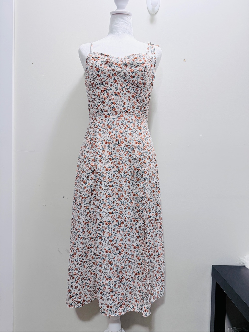 Spaghetti-Strap Floral Maxi Dress - White with Rust & Blue Bloom Size S / L43